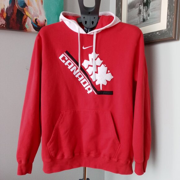 Vintage Nike ELBOWS UP red and white Canadian hockey hoodie Size L very roomy - Picture 1 of 9